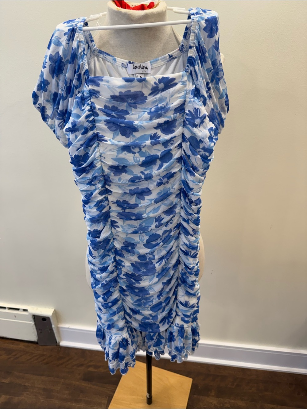 Blue Floral Ruched Girls Dress - size 14